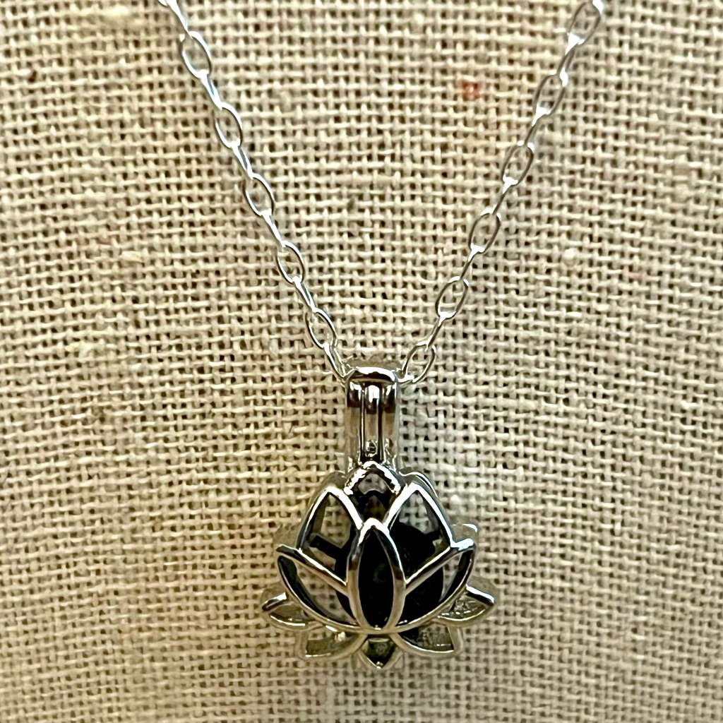 Beautiful Silver Lotus Flower Locket With Black Lava Bead On 925 Silver Chain